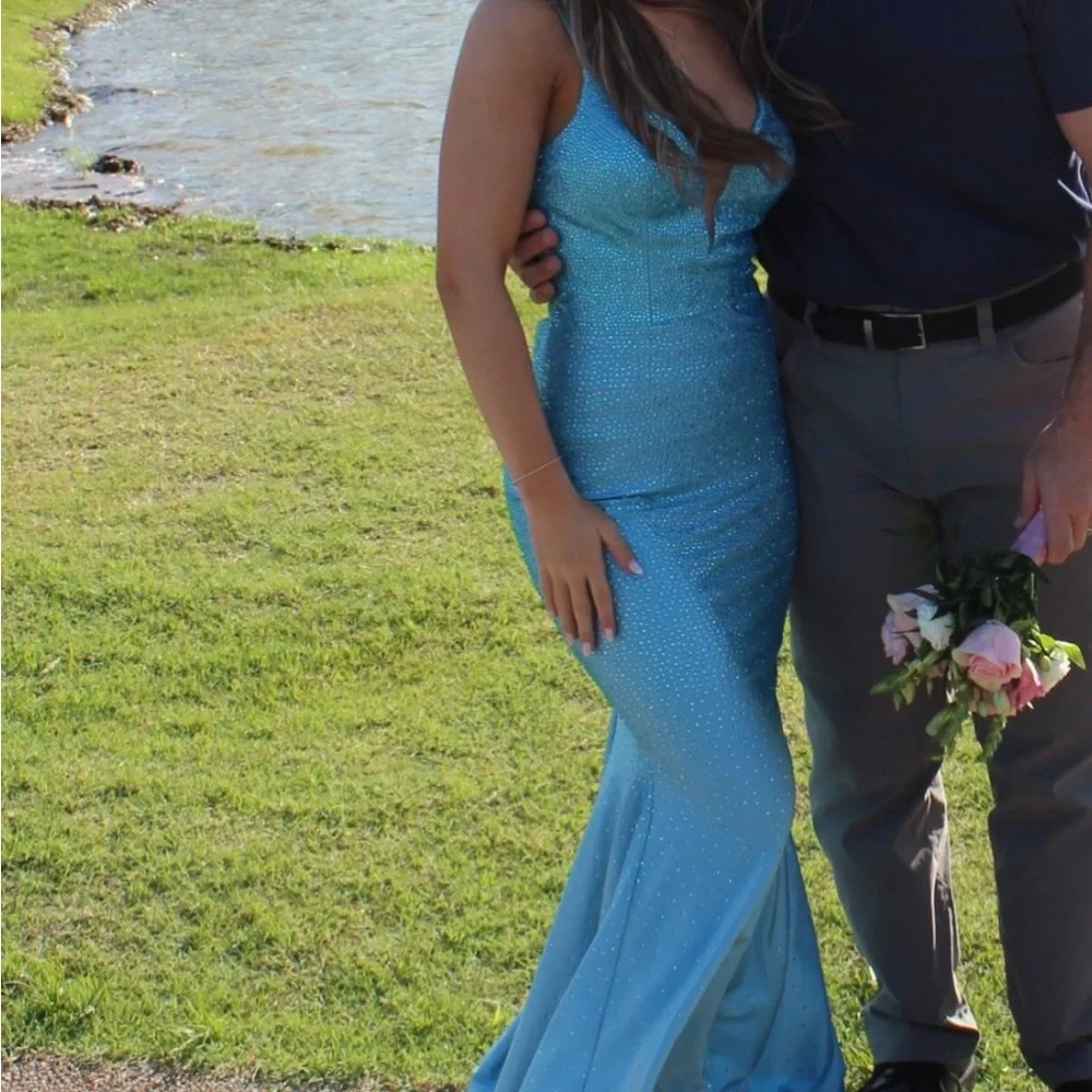 ellie wilde Light Blue Fitted Prom Dress with Rhinestones - Picture 2 of 4